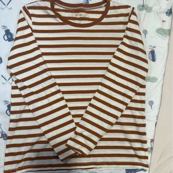 Madewell Tan and White Striped long-sleeved shirt size small - Picture 2 of 14